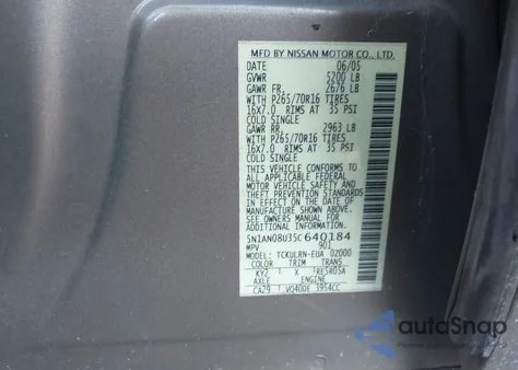 2005 Nissan Xterra S from USA, damaged, VIN 5N1AN08U35C640184